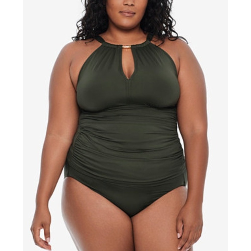 Lauren Ralph Lauren One Piece Swimsuit 16W Olive Green Ruched Slimming Vacation